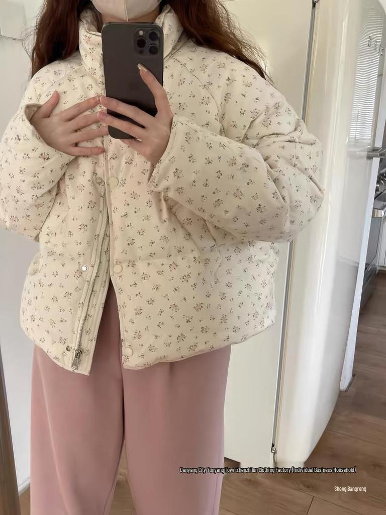 2024 Winter Women's Floral Down Cotton Jacket – Loose Fit, Korean Cute Academy Style
