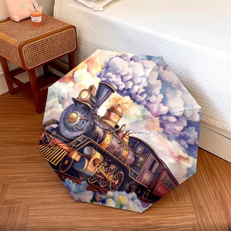 Steampunk  pattern, automatic folding umbrella, portable and foldable design, 8 ribs, a Christmas or birthday gift.