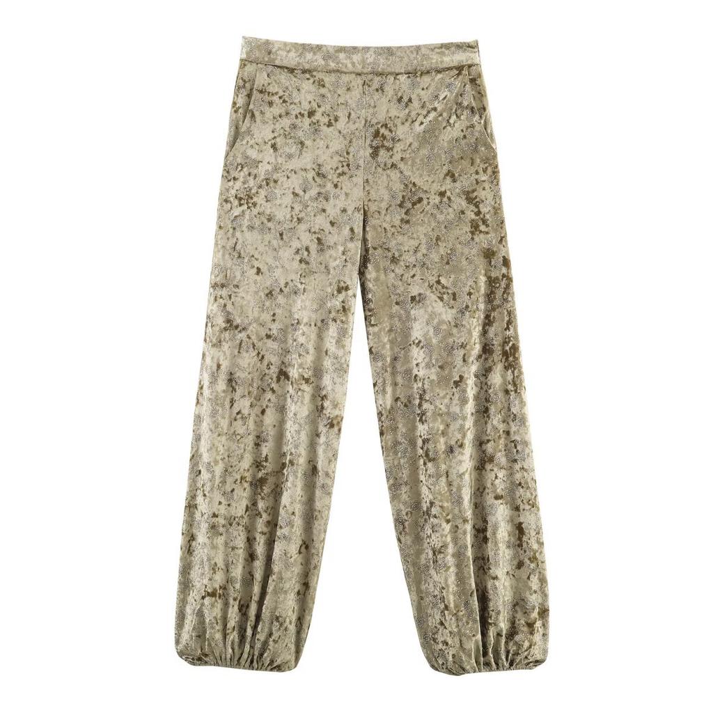 European and American cross-border women's clothing wholesale women's metallic colored thread velvet belt suit high-waisted lantern pants set