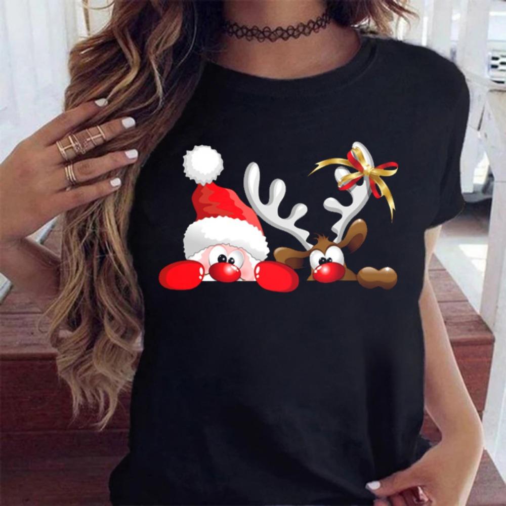Fashion Women's Tops Tee Women Merry Christmas Holiday T-shirts Funny Cartoon Santa Reindeer Printed Black T-shirt Female ...
