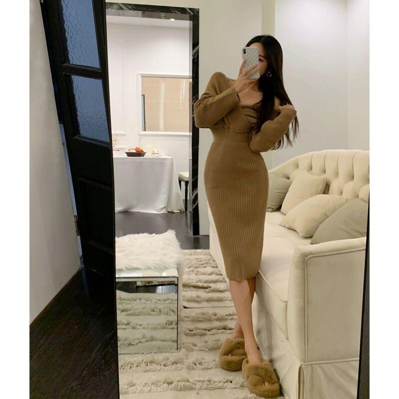 Sweater Skirt Medium and Long Stunning Sexy Off-the-shoulder Knitted Primer Dress Women's New Autumn and Winter
