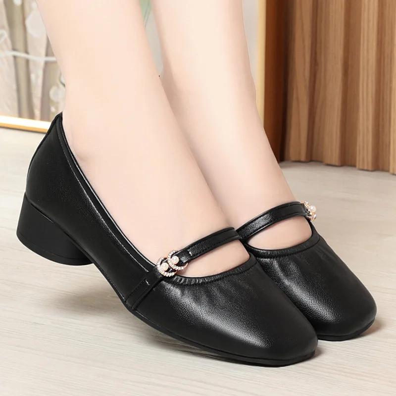 3cm Fashion Breathable Comfortable Shallow Mary Janes Women's Flats 2025 Fall Block Heels Soft Leather Shoes for Office Mom