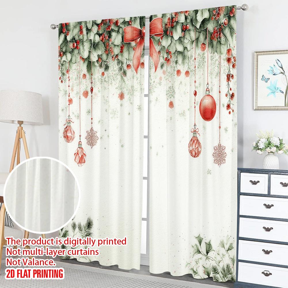 2pcs 2D flat printing Christmas Party Curtains Christmas Wreath Red Baubles Digital Printed Polyester Drapes Festive Wall Decor