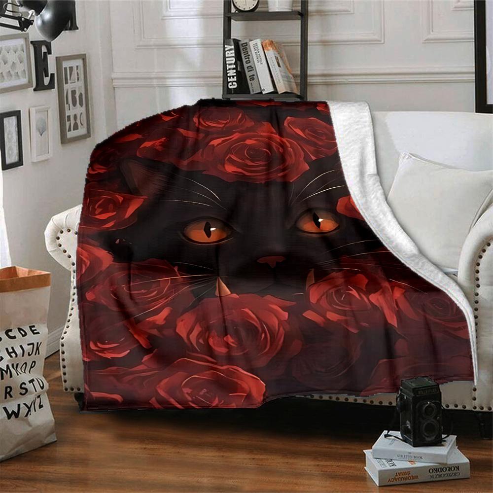 1PC Black Cat Roses Blanket, Throw For Sofa, Bed, Travel, Camping, Livingroom, And Bed, Printing Blanket With Soft And Warm Fabric yy250918202
