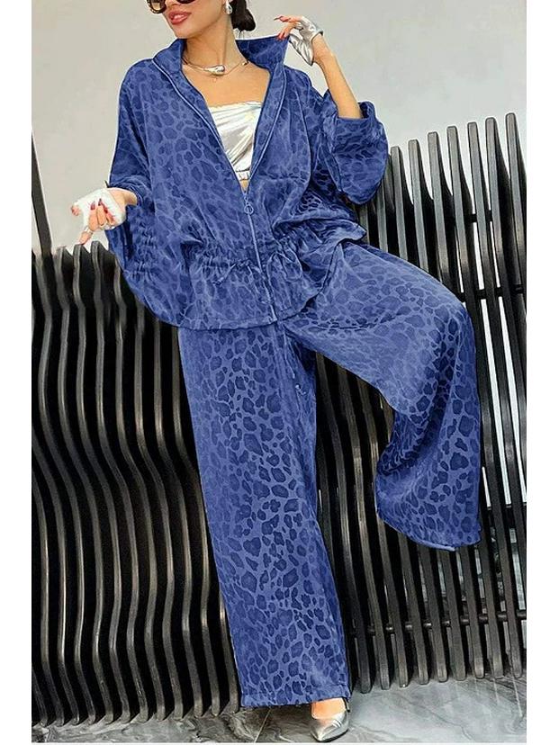 

2024 Женский повседневный комплект с леопардовым принтом, отложным воротником и кулиской на талии XXXL синий