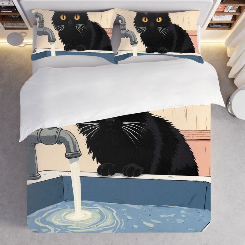3Pcs Bedding Pillowcase Quilt Cover Set Cartoon Style Black Cat 2D Digital Printing Suitable For Bedroom Hotel Dormitory Decor