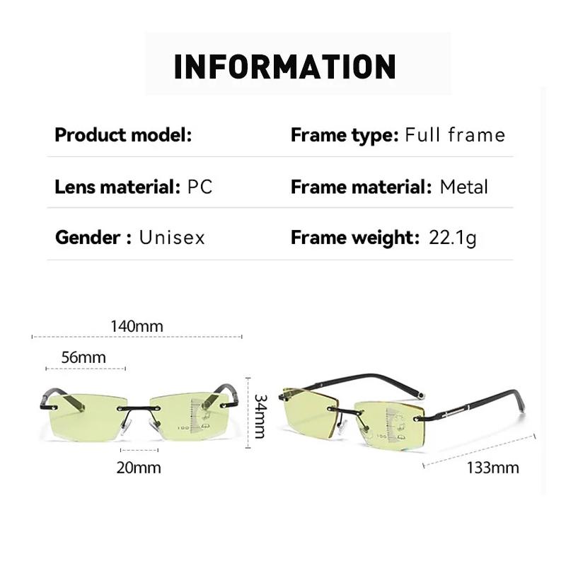 Multifocal Night Vision Reading Glasses for Men Unisex Rimless Square Eyeglases Trendy New Near Far Presbyopia Eyewear +4.0