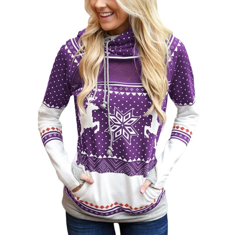 

Christmas Printed Pocket Long Sleeve Hooded Casual Sweater L