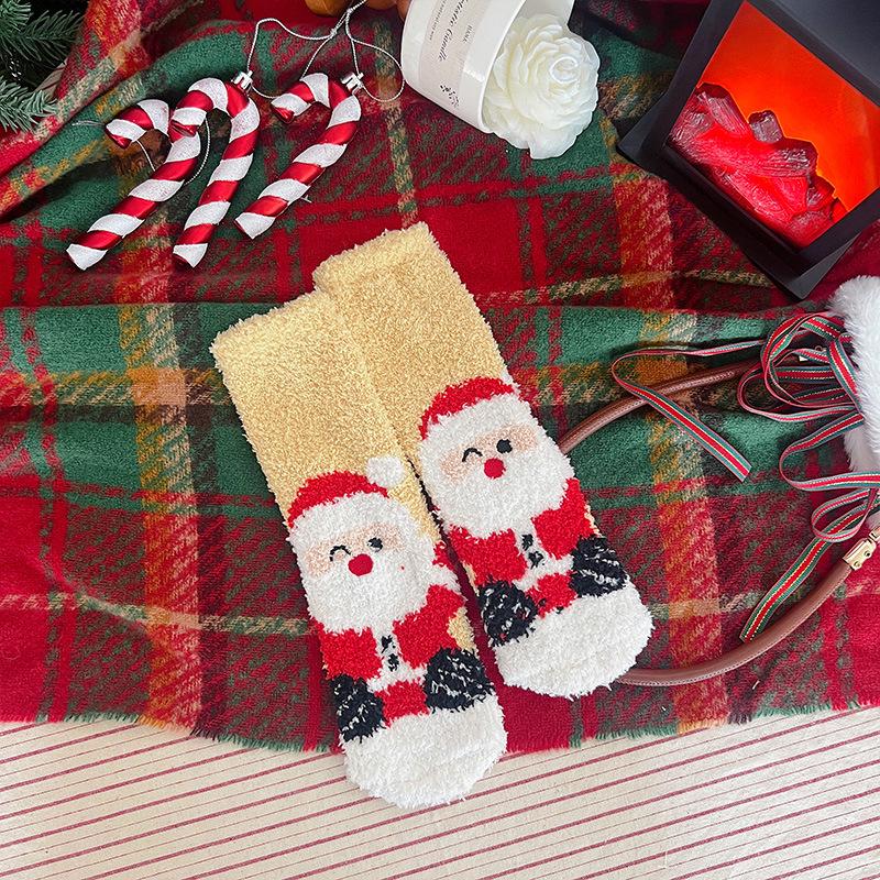 Coral Fleece Christmas Socks: Women's Warm Cartoon Mid-Calf Holiday Sleep Socks