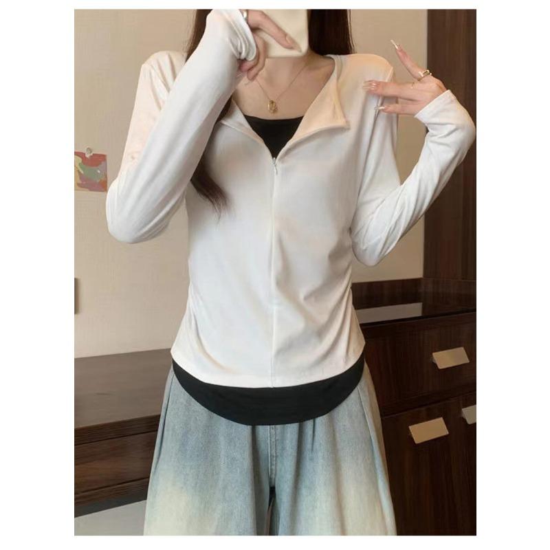 Gefälschtes zweiteiliges Reißverschluss-Langarm-T-Shirt für Damen Slim Fit Oberbekleidung Neues Basis-Shirt Koreanischer Stil Top Herbst