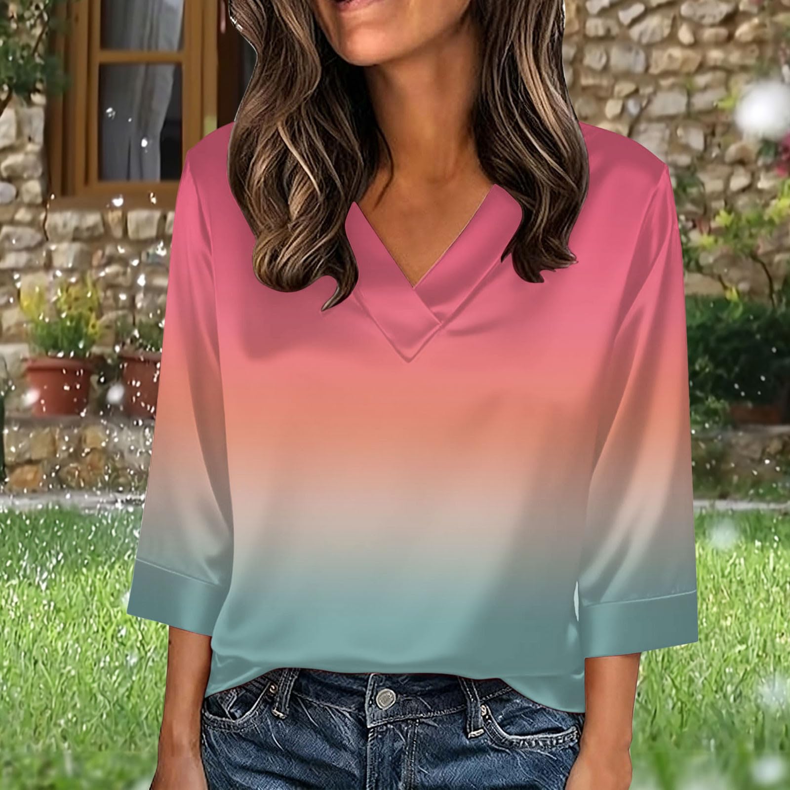 

Womens 3/4 Length Sleeves Shirts V-Neck Satin Gradient Color Loose Dressy Trendy T-Shirt Pullover Blouse Tops XL Кіновар
