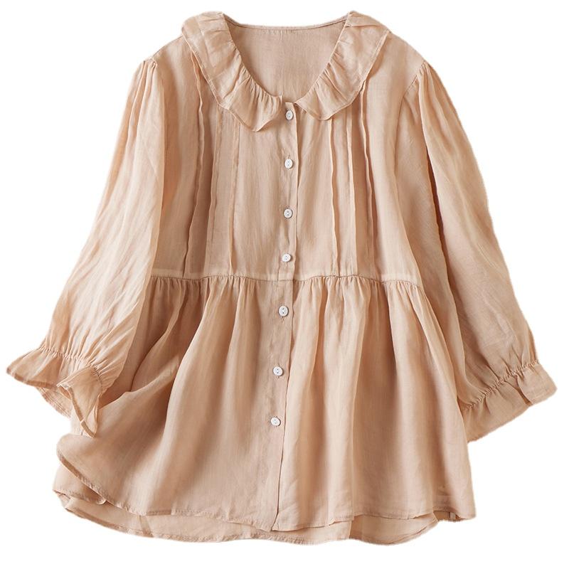 Summer Loose Solid Doll Neck 3/4 Sleeve Cotton Linen Shirt Women's Blouse