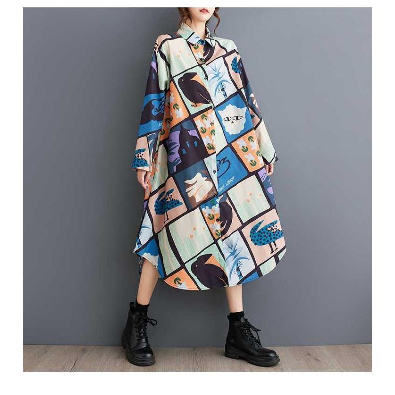 New Loose Large Size Oceanic Printing Mid-length Literary Retro Dresses