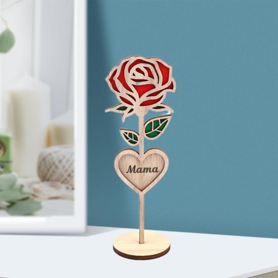 Wood Mama Rose Decoration with Stable Round Base Wooden 3D Carved Rose Flower Desktop Ornament Romantic Mother's Day Gift