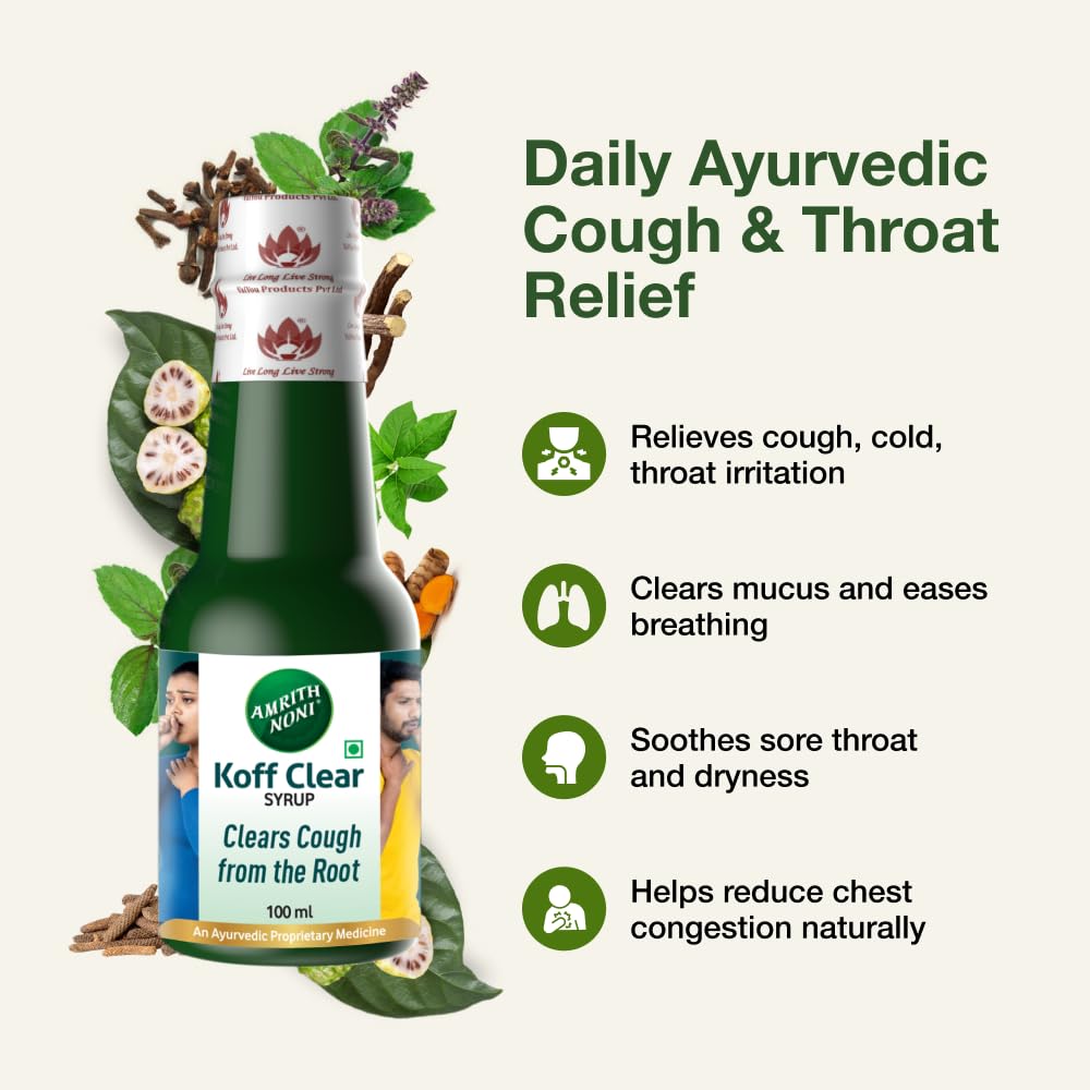 Amrith Noni Koff Clear SugarFree 100ml - Ayurvedic Cough Syrup with Noni, Brihati, Kantakari, Pushkara, Naagavalli & Other Powerful Herbs for Eff