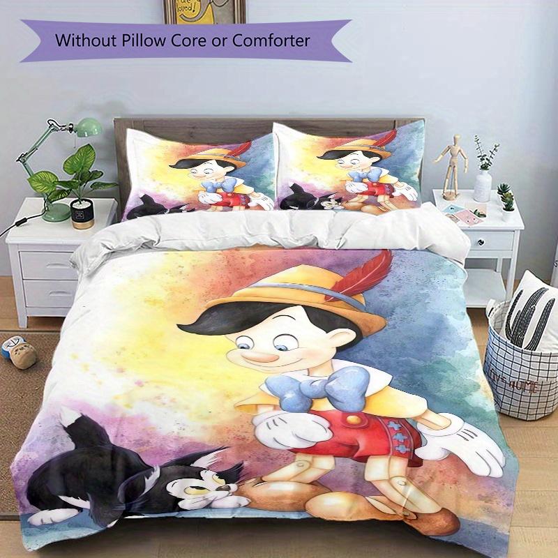 3-teiliges Bettwäscheset mit Pinocchio und Kätzchen-Aufdruck, Weiche und bequeme Bettbezüge für Schlafzimmer, Gästezimmer S078