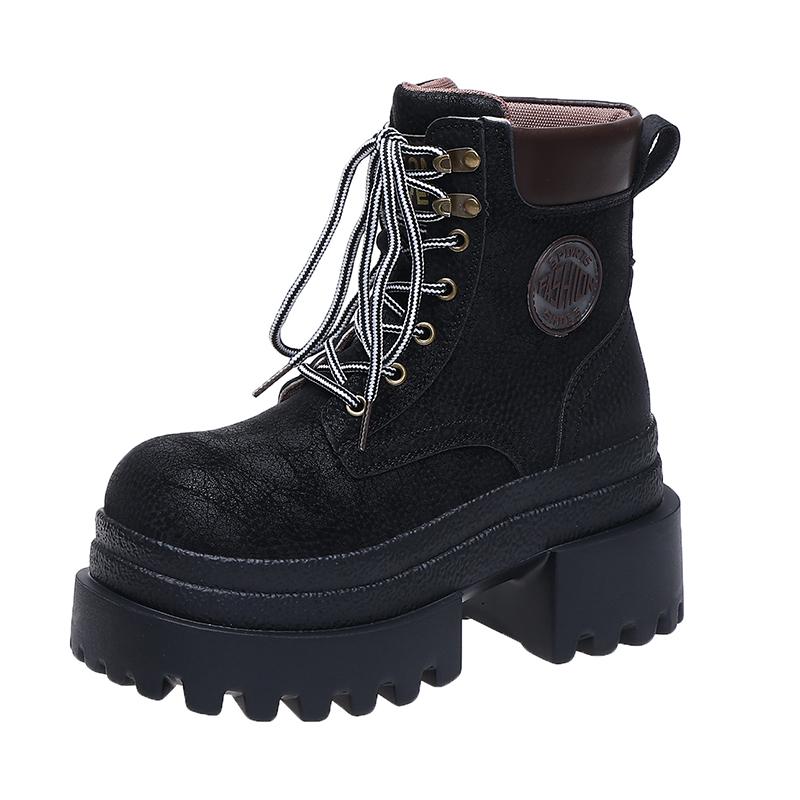 

Модные женские мотоботы на высокой платформе 9 см, готические кожаные панк-ботинки, зимняя теплая меховая обувь для снега до середины икры, короткие боевые ботинки Botas Mujer 37 чёрный