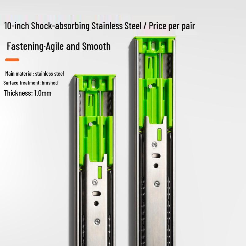 Stainless Steel Damping Drawer Slide Rail with Buffer - Three-Section Guide for Furniture and Cabinet Tracks.
