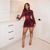 Burgundy Mesh Sheer Panel Mini Dress Long Sleeve Shiny Glitter Ruched Bodycon Sexy Transparent Tulle Patchwork Nightclub Evening Party Short Gown