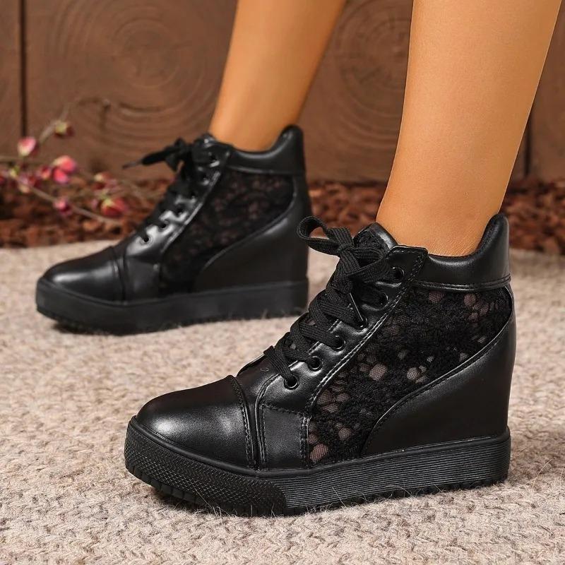 Damskie Sneakersy na Koturnie Platformie Gumowe Obcasy Sznurowane Buty Zwiększające Wzrost Białe Grube Podeszwy