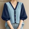 Women Summer V-Neck Loose 3/4 Sleeve Casual Blouse