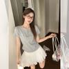 Korean Unique Fashion Front Shoulder Short-sleeved T-shirt Women's Summer New Lace Splicing Embroidered Bow Pleated Top
