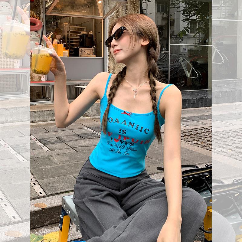American Spice Girl Letter Print Suspender Vest Women's Summer New Outer Wear Inner Slim and Thin Bow Top