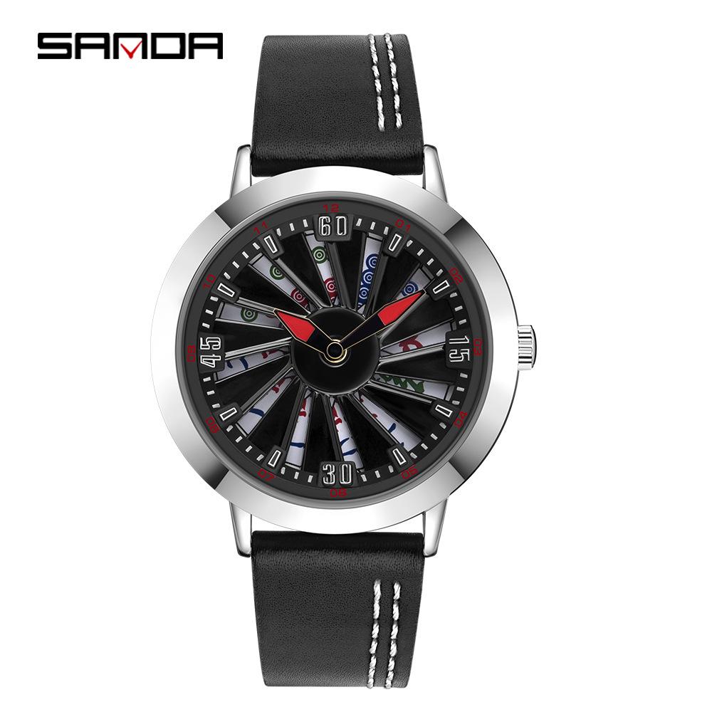 Sanda Cool Wheel Men's Skeleton Dial Leather Strap Waterproof Quartz Watch