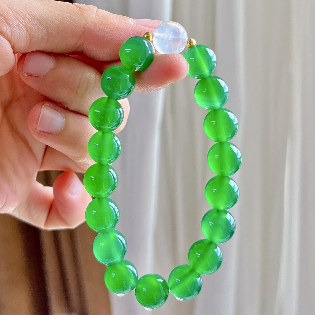 10Mm Ice Clear Emperor Green Natural Green Chalcedony White Moonlight Design Bracelet