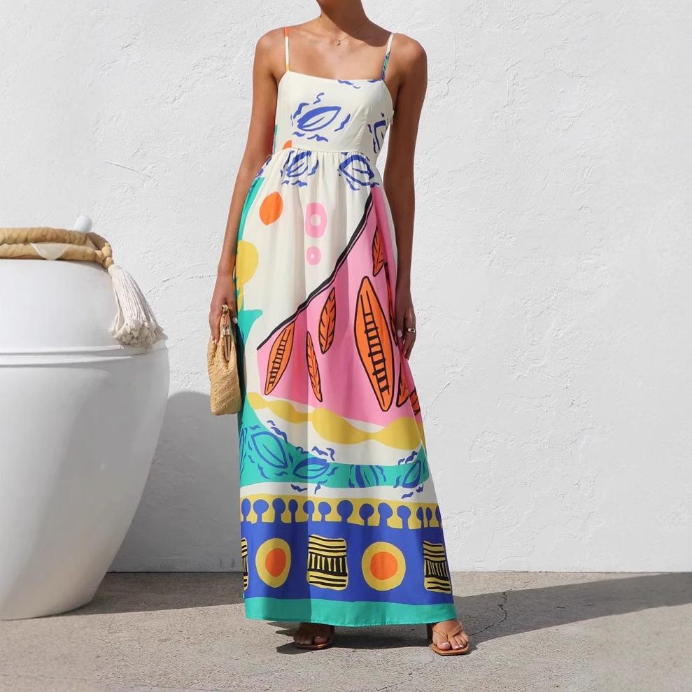 Women's Boho Floral Beach Sundress Sleeveless Summer  Maxi Dress Spaghetti Straps Casual Smocked Flowy A-Line Dress Party Long Dresses for Women