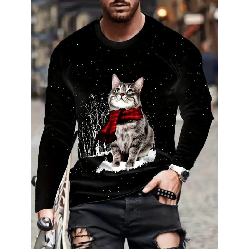 Christmas, Party, Round Neck Long-sleeved Men's Clothing, Digital Print Kitten Pattern, Casual and Versatile Style
