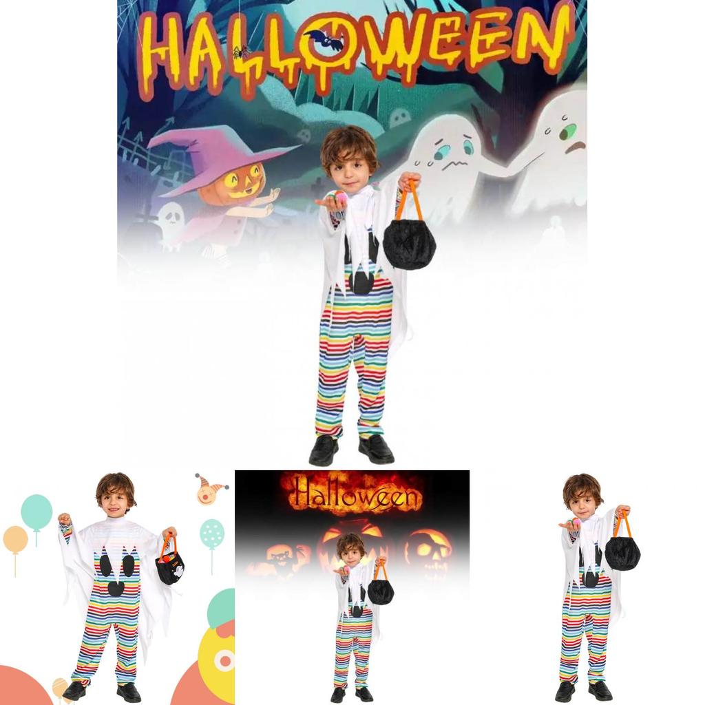 Halloween Child Costume For Kids With Polyester Fabric And Playful Striped Ghost Design For Party Performance