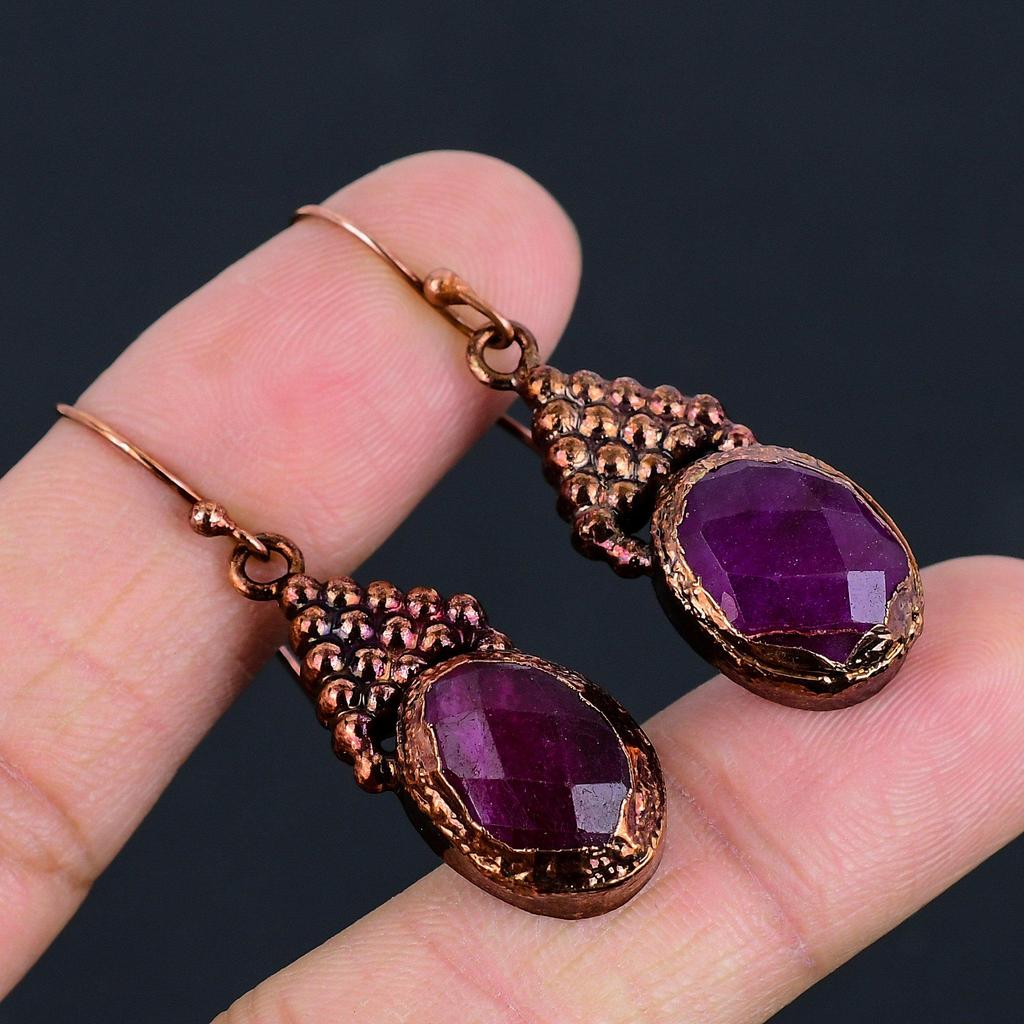 Faceted Ruby Earrings Gemstone Jewelry Copper Electroformed Earrings, Gift For Women Handmade  Earrings