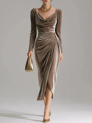 Vestido Largo de Terciopelo Dorado de Manga Larga Ajustado con Pliegues para Mujer Europeo y Americano