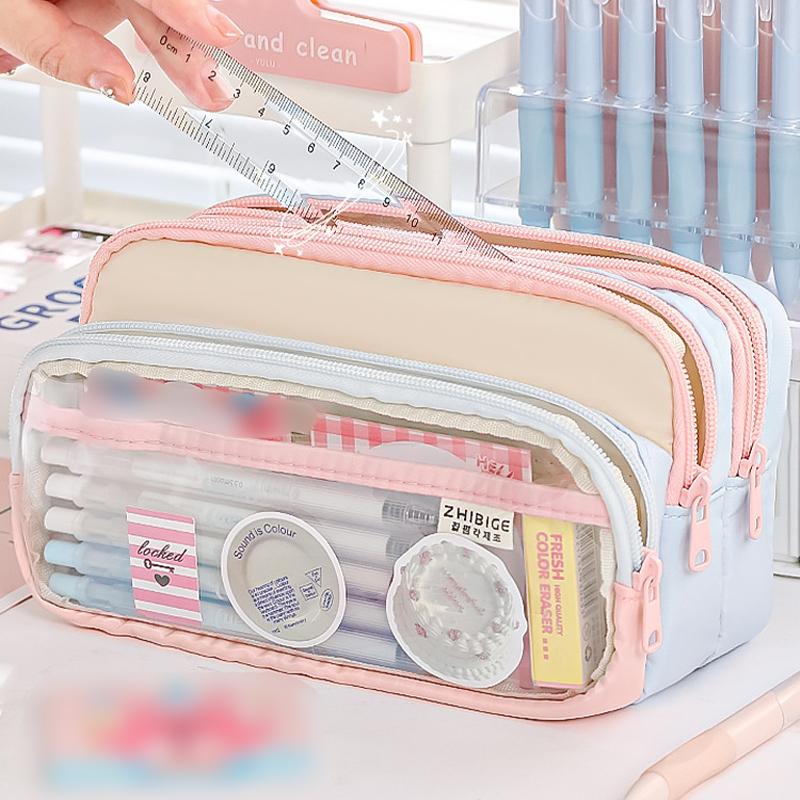 3 Compartments Pencil Bag Large Capacity Pen Pouch Desk Organizer School Supplies Home Office Stationery Storage Bag