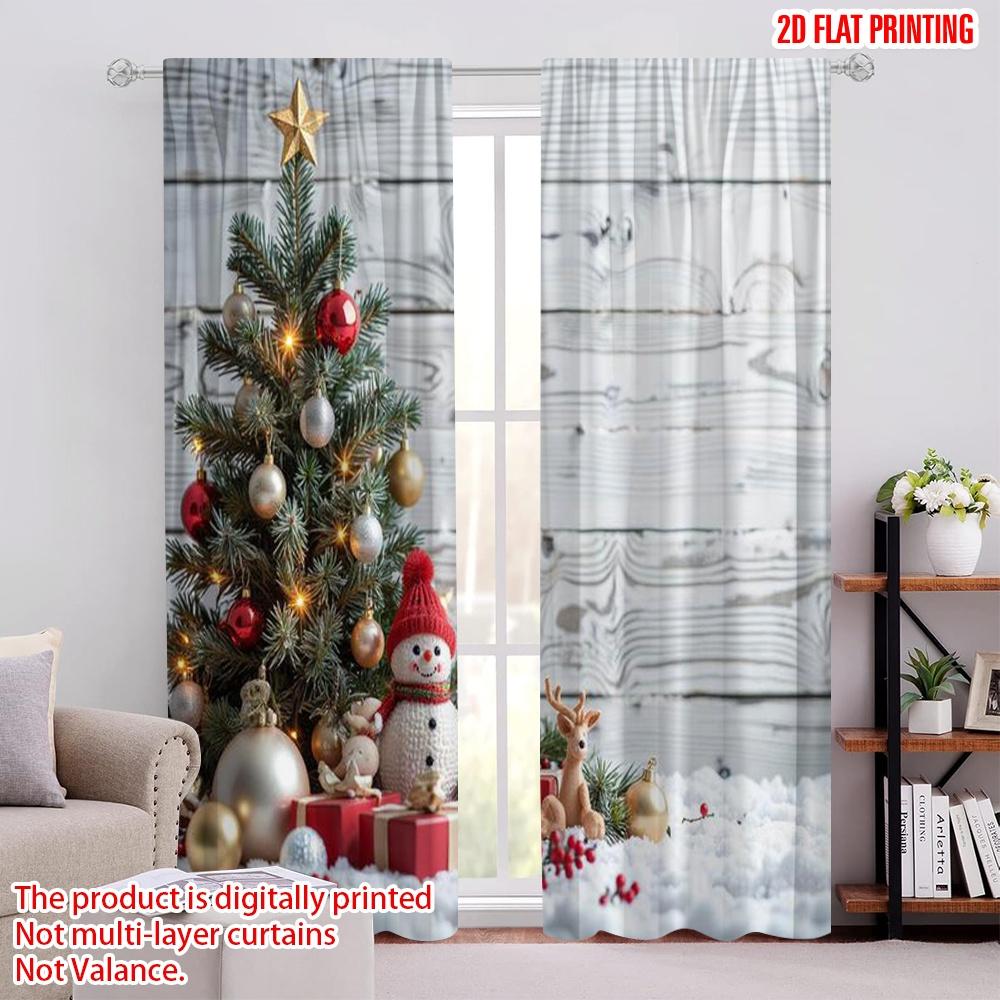

2pcs 2D flat printing Christmas Party Curtain Winter White Wood Flooring Snowball Christmas Machine Washable Polyester Without 100*130 HOOK 1pcs