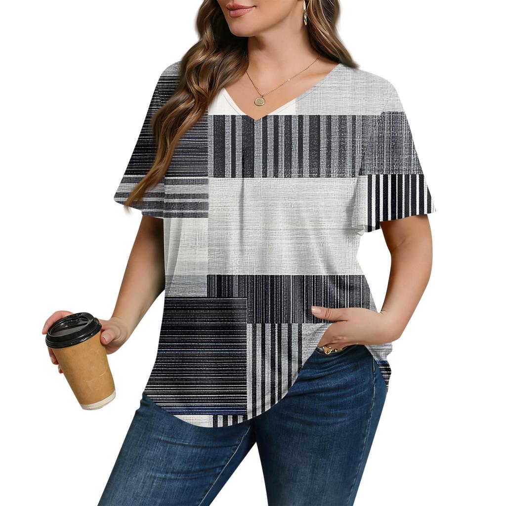 Women's Plus Size Fashionable Casual Loose-Fit Short Sleeve Elegant V Neck Blouse For Work