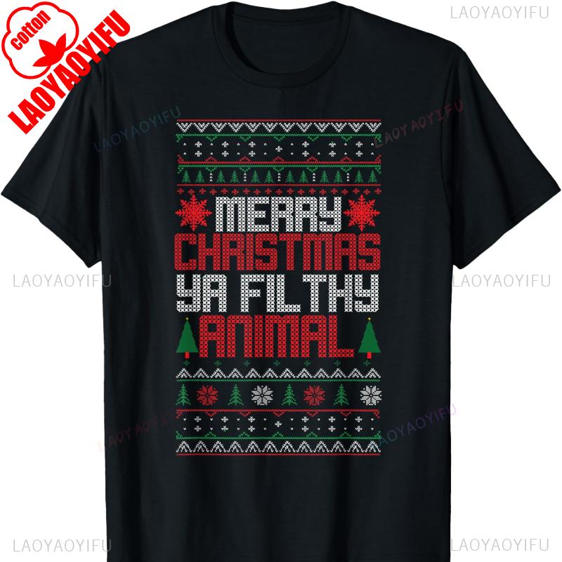 Christmas Merry Xmas Ya Filthy Animal Meme Lol Ugly Camiseta Negro  Crew Neck Short Sleeve Cotton Top All Seasons Casual Fashion