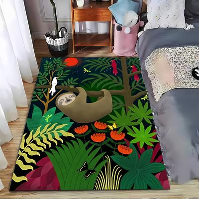 "Sloth Jungle Carpet with Vibrant Plants and Butterfly Design" Suitable for Use As an Anti-slip for Living Room Bedroom Sofas
