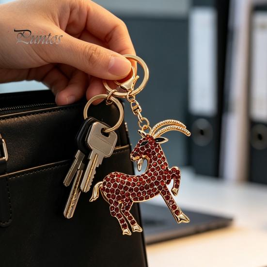 Decorative Backpack Accessory Goat Keychain with Sparkling Rhinestone, Golden Plated Sheep Alloy Rhinestone Keyring, Bling Animal Pendant for Handbag