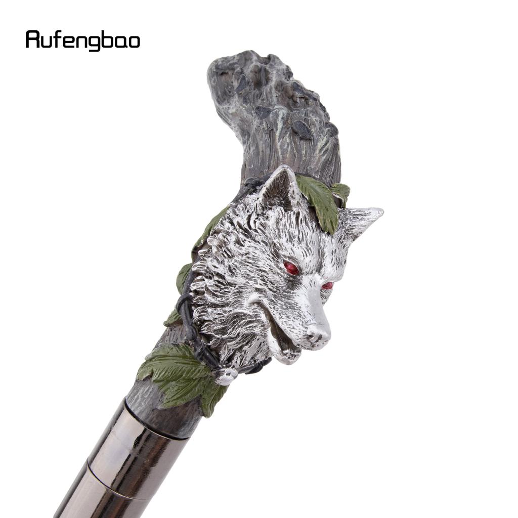 Silver Harts Varghuvud Trärot Gåkäpp Mode Dekorativ Stålstav Gentleman Elegant Cosplay Käpp Knopp Biskopsstav 93cm