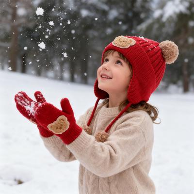 2Stk/Set Kinder Hut Handschuhe Set Bärenohrenform Ohrenschutz Einfarbig Gestrickte Mütze Elastisches Warmes Handschuhset Winter Kopfbedeckungsset