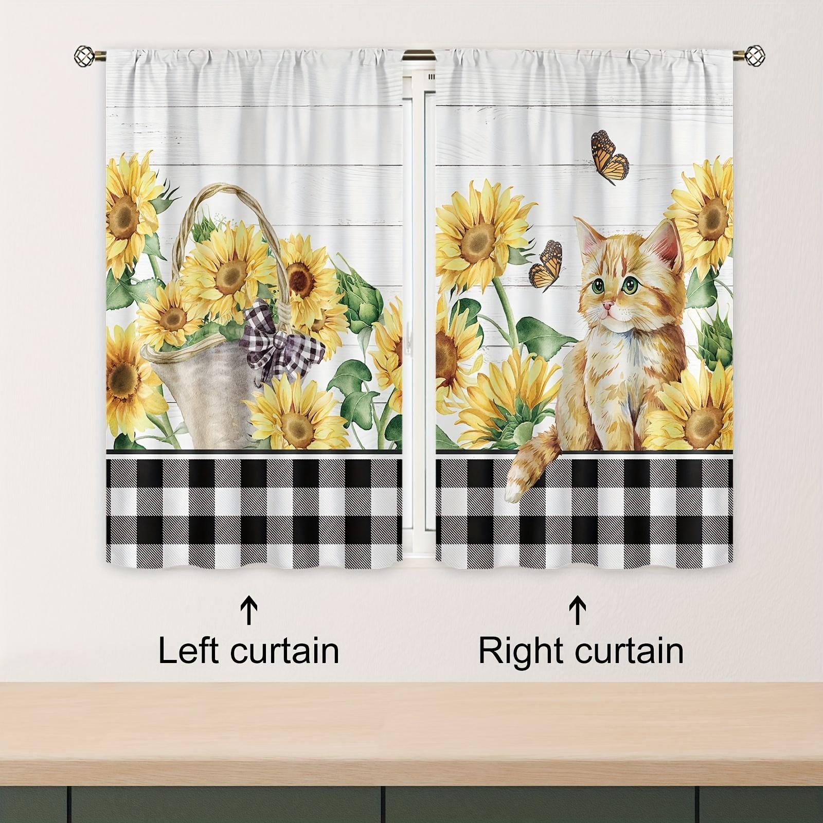 

Занавеска для кухни с изображением подсолнуха и кошки в фермерском стиле, простая цветочная клетка с изображением бабочек и буйвола, стиль кантри, гостиная, спальня, домашний декор, 2 шт. 70x107cm(27.5x42inch