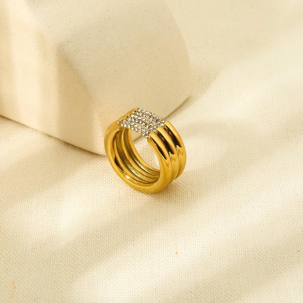 European and American geometric irregular multi-layer open ring niche high-end feeling plated 18k gold stainless steel ring women