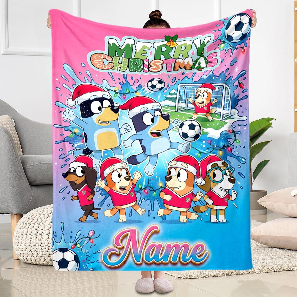 Bluey Soccer Adventure Customize Text Blanket Cozy Customizable Blanket Comfortable Great for Bedding Couch Sofa Office Chair Four Seasons Universal