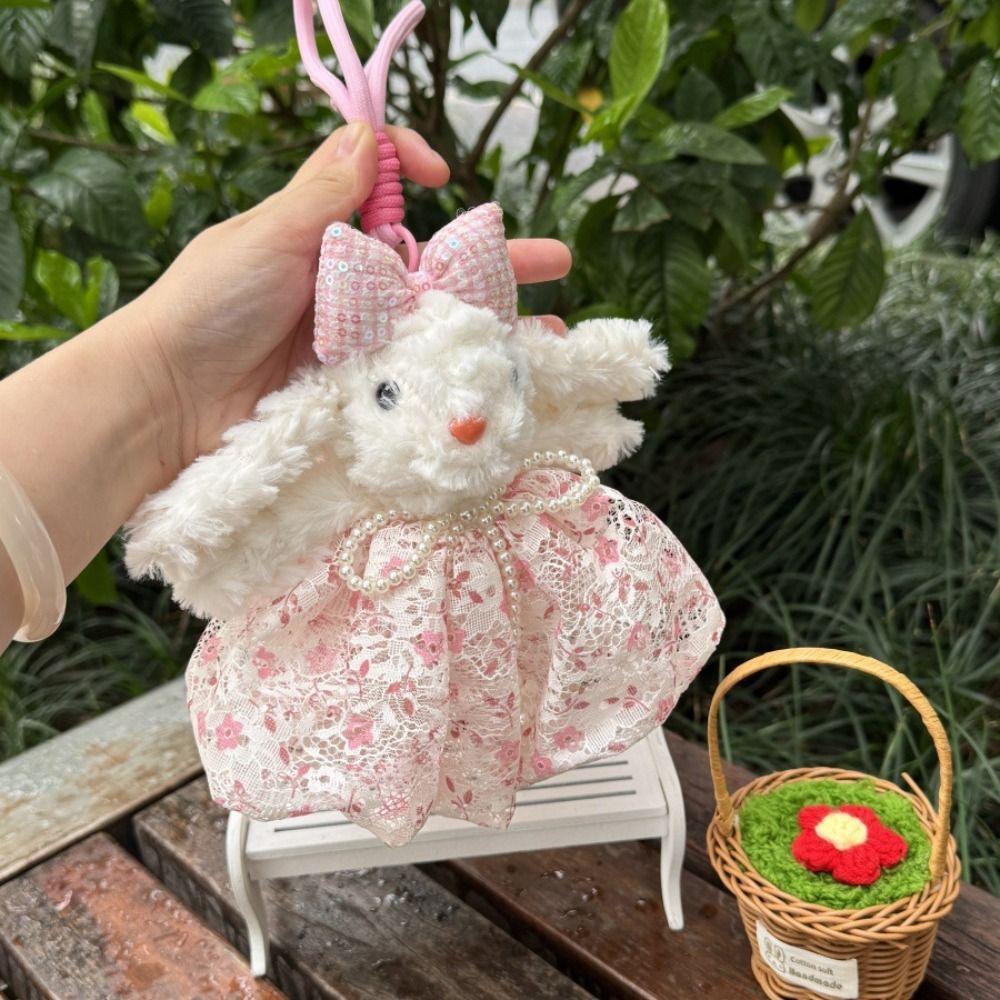 Princess Pearl Dress Bow Plush Rabbit Keychain Cartoon Rabbit Doll Keyring  As Kids Gift