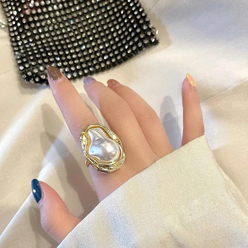 New Fashion Geometrical Irregular Heteroideus Pearl Ring for Women Retro Open Resizable Index Finger Rings Party Jewelry