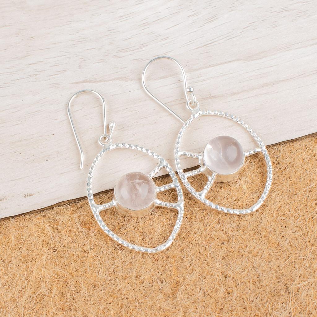 Rose Quartz Gemstone 925 Sterling Silver Jewelry Handmade Earrings 2.00" For Her EE-52-20