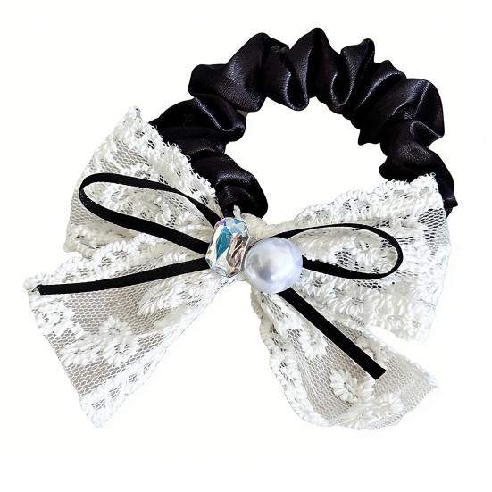 Hair Rope High Elasticity Lace Ribbon Bow Imitation Pearls Rhinestones Decor Hair Tie