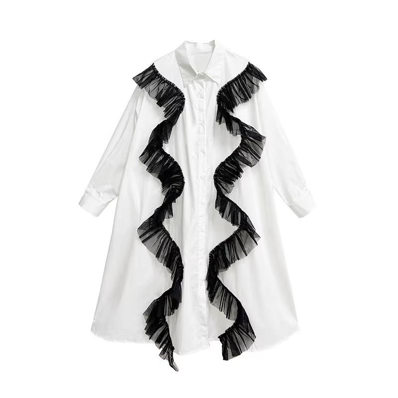 

Xitao Однобортное платье с рубашечным воротником в сеточку в стиле пэчворк GMM1184 One Size белый